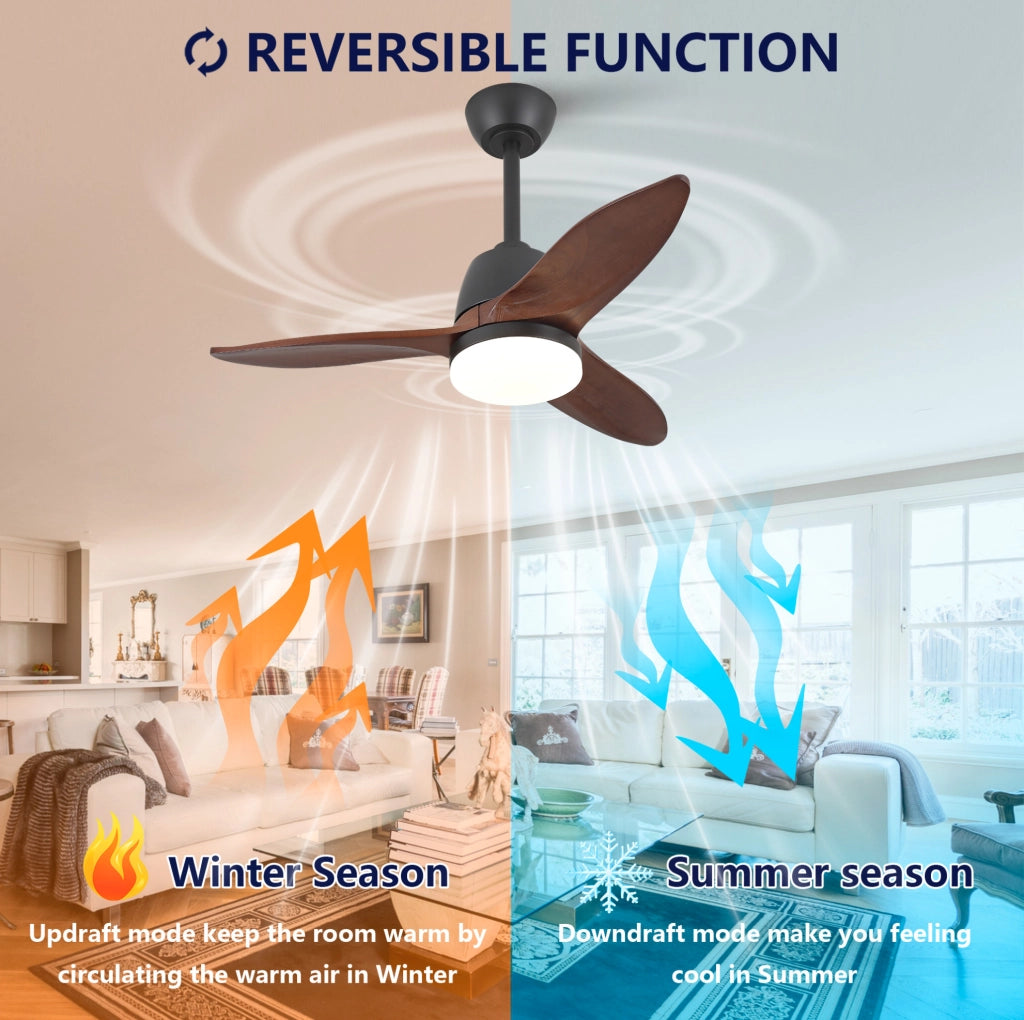 Ventilatore da soffitto moderno 36 pollici con LED; 3 pale in legno massello; nero e noce scuro