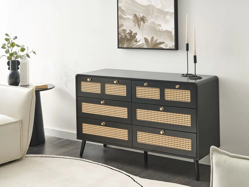 Cassettiera MDF 6 cassetti Gambe in legno Maniglie dorate Stile boho PE Rattan Nero