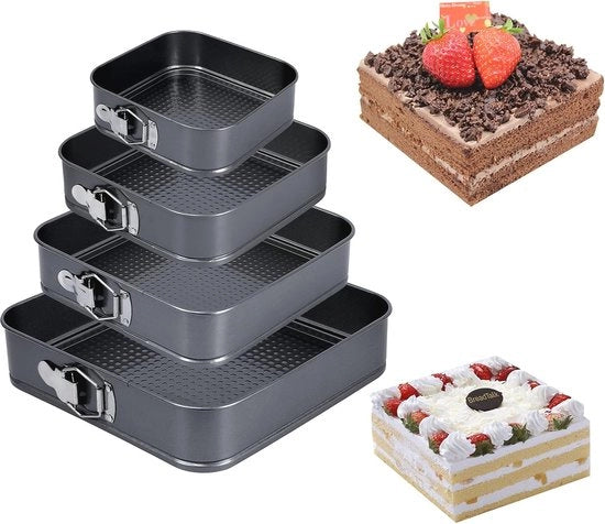 Set di 4 Forme per Torta - Forme Quadrate per la Biscotteria con Strato Antiaderente, Impermeabili da Basso, 22/24/26/28 cm