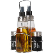 Trade Shop - Set Menage Contenitori In Vetro Acciaio 4 Pezzi Con Stand Accessori Per Cucina -