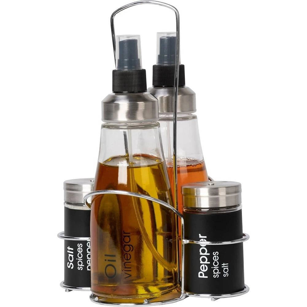 Trade Shop - Set Menage Contenitori In Vetro Acciaio 4 Pezzi Con Stand Accessori Per Cucina -