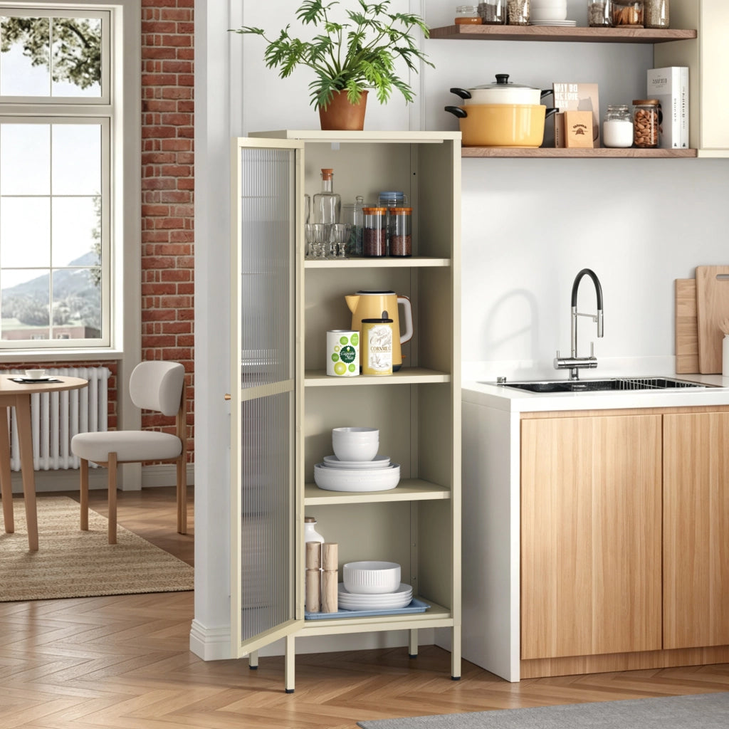 Armadio a Vetrata Säkylä con 4 Scomparti 150 x 50 x 35 cm in Acciaio - Color Cammello [en.casa]