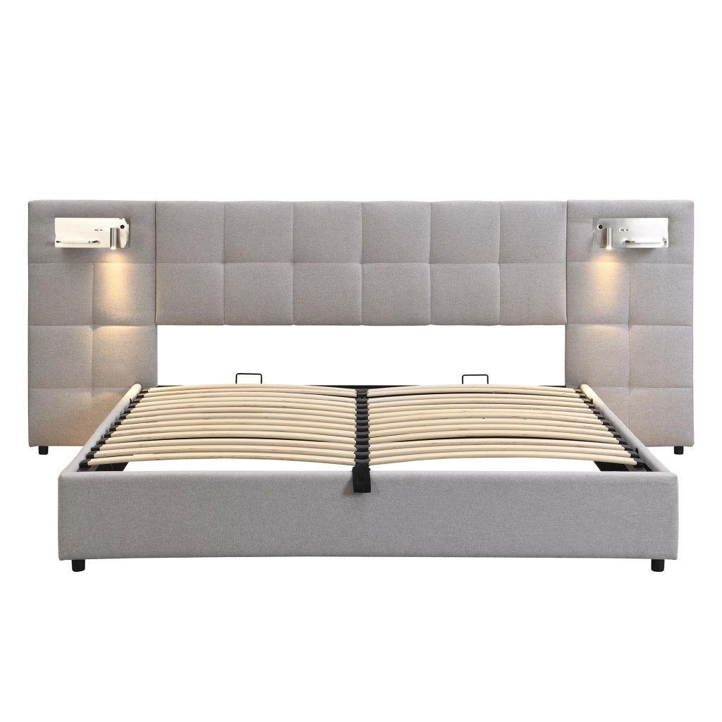 Letto imbottito 180x200 cm con USB, ricarica wireless, luce integrata e contenitore idraulico, grigio