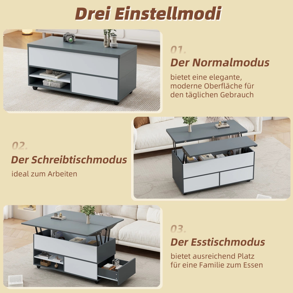 Tavolino basso sollevabile con ruote, cassetto e vani contenitore in pannello truciolare grigio e bianco 100 × 98 × 65 cm