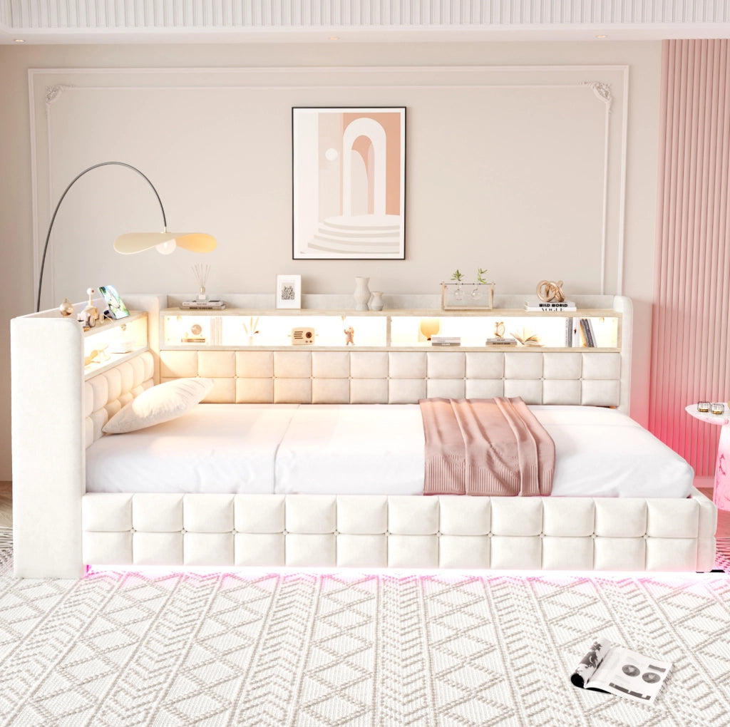 Letto imbottito multifunzione 90x200 cm con contenitore, LED e prese