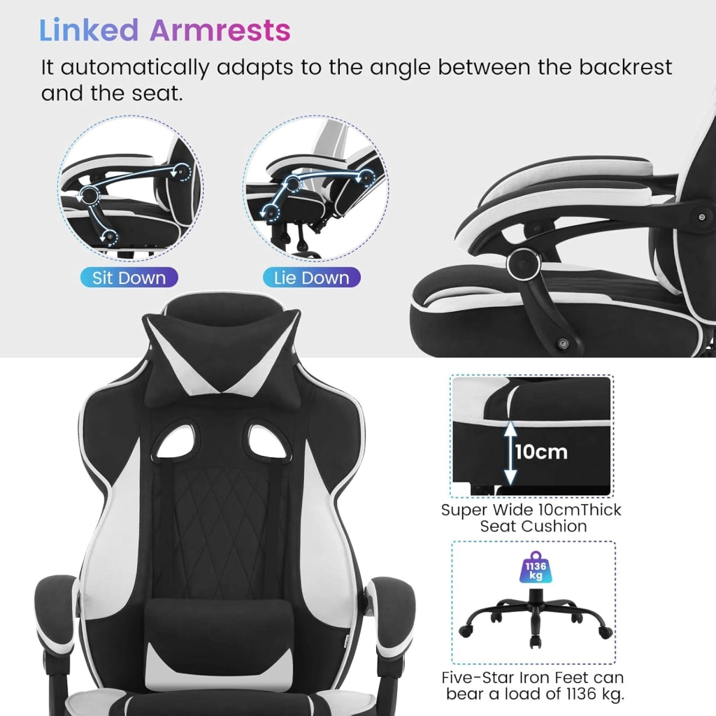 Sedia Gaming Ergonomica | Tessuto Traspirante Fresco D'estate | Schienale Regolabile Poggiapiedi | per Gaming Ufficio Relax | Sedile ampio e comodo per Persone di Taglia Grande | Nero+Bianco