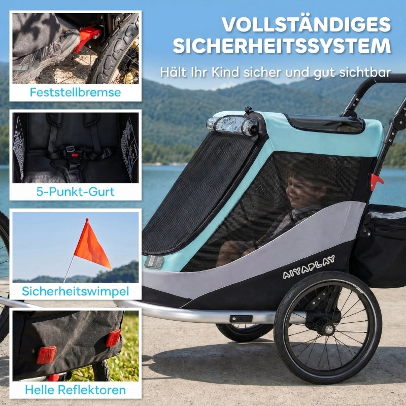 RIMORCHIO BAMBINI 2 in 1 pieghevole con 5 punti Light Blue in alluminio