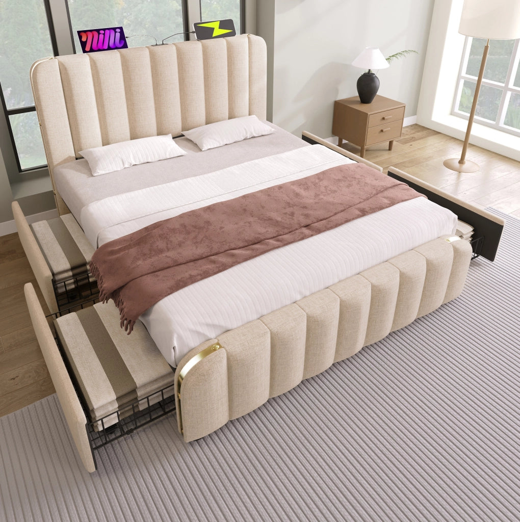 Letto matrimoniale contenitore 140x200 cm con USB C e 4 cassetti; lino beige