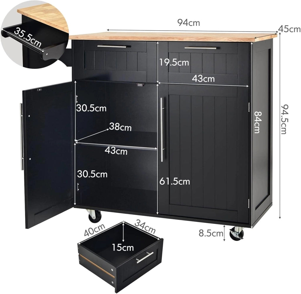 Carrello da Cucina in Legno con Piano di Lavoro, Armadio da Cucina su Ruote, Carrello da Portata con Portasciugamani e 2 Cassetti, Isola da Cucina Mobile, 3 Colori