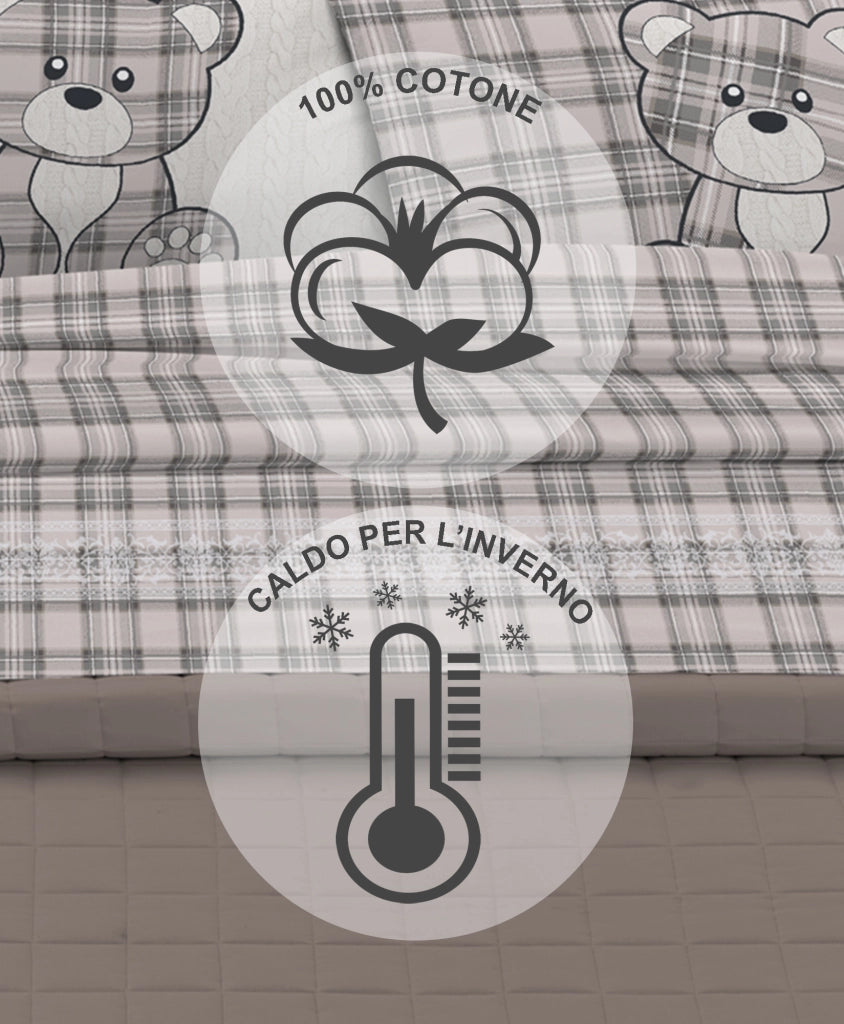 Completo Letto in Flanella Calda e Morbida Anti Pilling - Set Flanellato 3 Misure parure con Federe - Orsetto Tartan Grigio - 1 Piazza