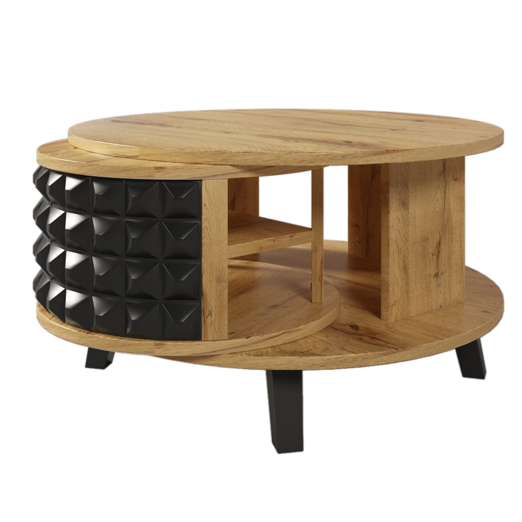Tavolino da Salotto Girevole con Piano a 2 Livelli e Vano Nascosto 360°; Stile Moderno; in Pannello Truciolare; Naturale