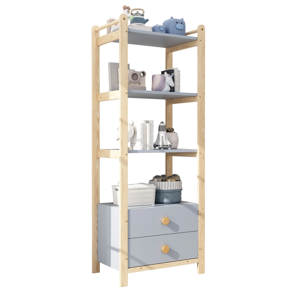 Scaffale a 4 livelli con 2 cassetti, struttura in pino, colore blu e legno naturale, 70x44x180 cm