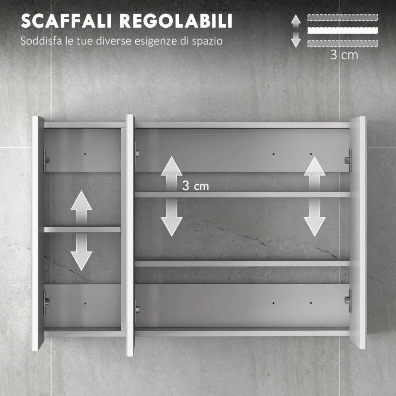 ARMADIETTO PENSILE BAGNO CON 3 ANTE A SPECCHIO E RIPIANI REGOLABILI IN LEGNO 90X13.5X60 CM, BIANCO