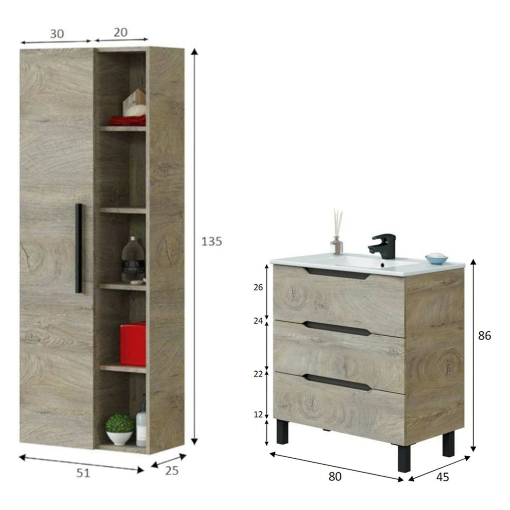 Laterza, set Mobili Bagno 3 Cassetti, Marrone Quercia