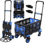 Carrello 2-in-1 con con Grande Scatola Pieghevole, Carrello a Piattaforma max. 150 kg, 2 Elastici con Gancio, Regolabile in Altezza a 3 Livelli, per Trasporto, Shopping, Campeggio, Trasloco (Blu)