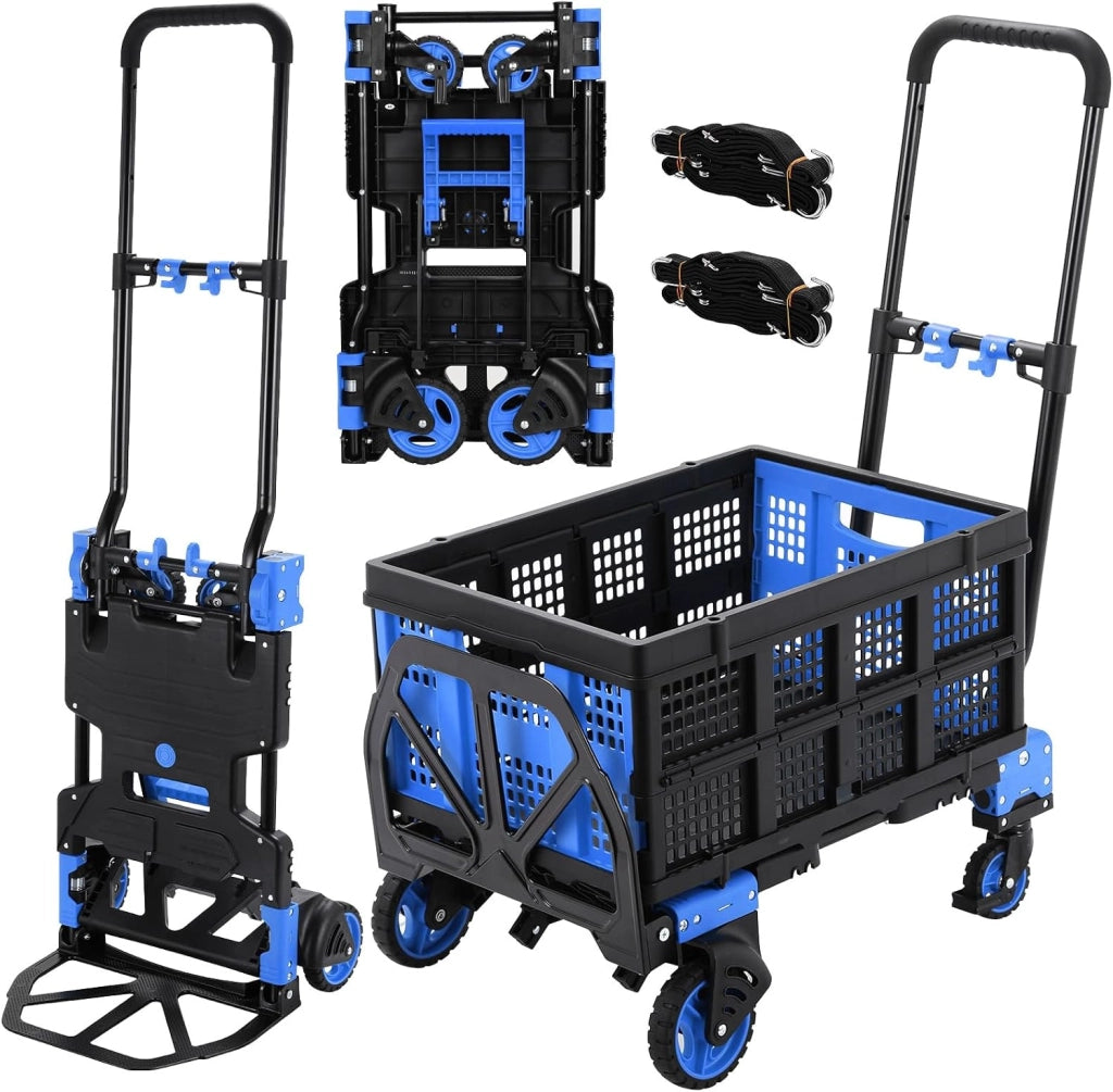 Carrello 2-in-1 con con Grande Scatola Pieghevole, Carrello a Piattaforma max. 150 kg, 2 Elastici con Gancio, Regolabile in Altezza a 3 Livelli, per Trasporto, Shopping, Campeggio, Trasloco (Blu)