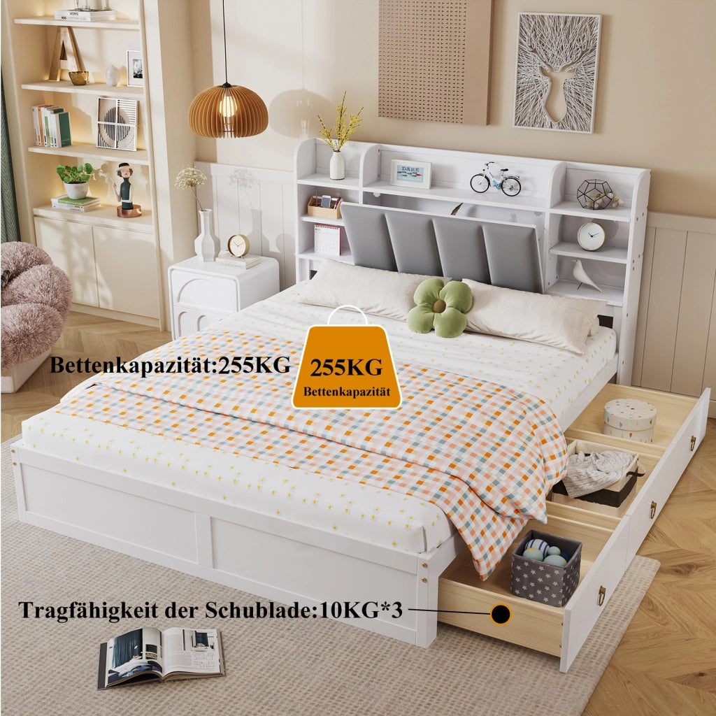 Letto con cassetti 2 posti con 3 cassetti, ripiani aperti e vano con anta ribalta, 160 × 200 cm, senza materasso