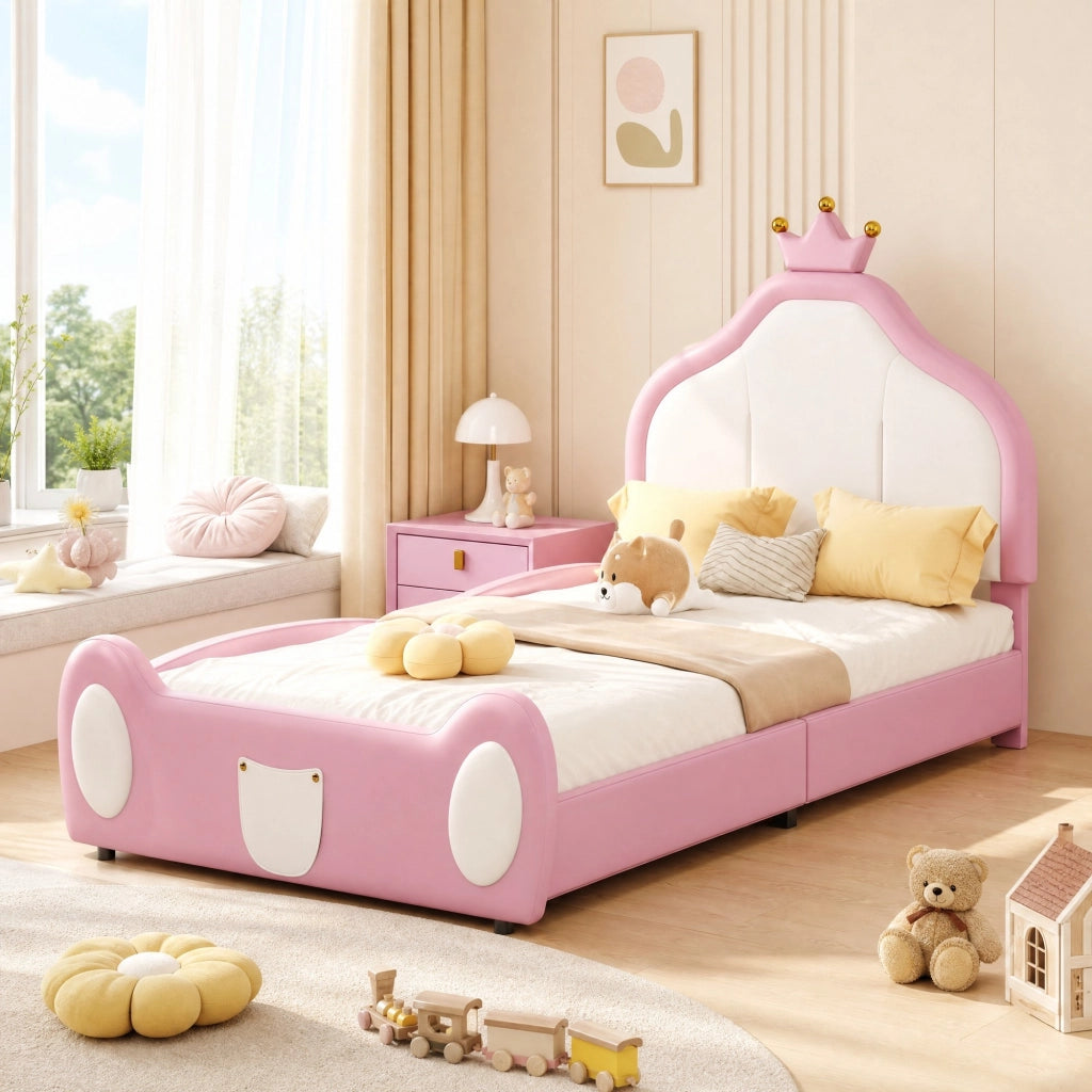 Letto imbottito per bambini 90x200 cm con testiera a corona; bianco e rosa