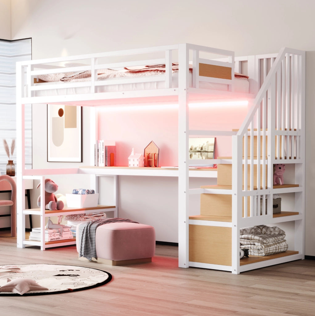 Letto a soppalco 90x200 cm con scala contenitore; mensole e scrivania in metallo bianco