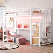 Letto a soppalco 90x200 cm con scala contenitore; mensole e scrivania in metallo bianco