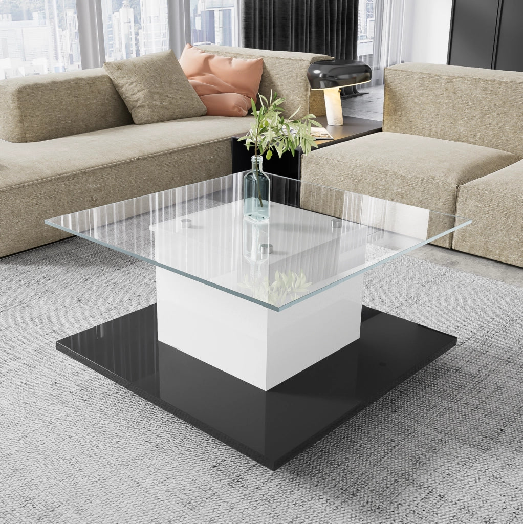 Tavolino da salotto moderno 80x80x40 cm con LED; vetro temperato; bianco e nero