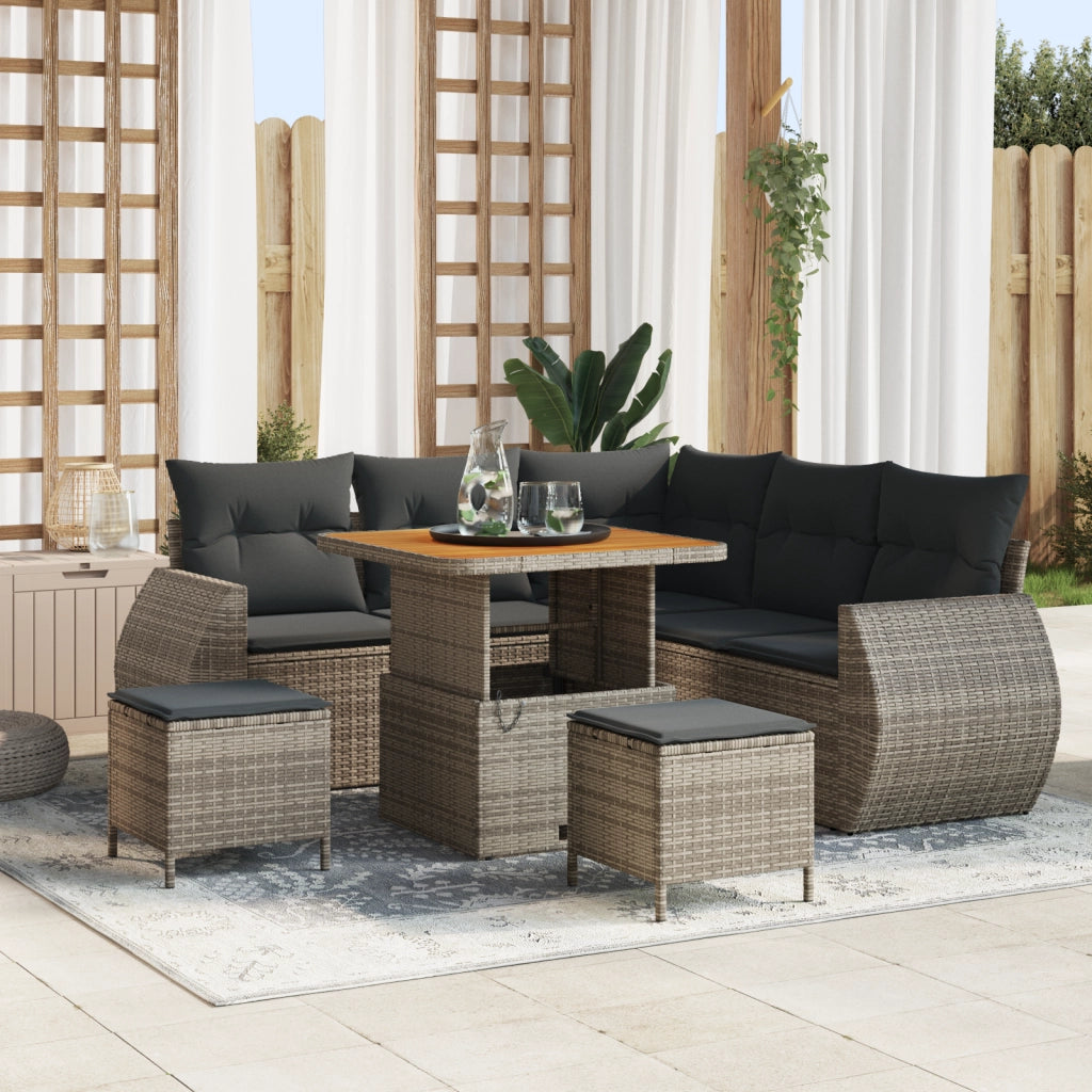 Set Divano da Giardino a 8 Pezzi con Cuscini Grigio Polyrattan Acacia