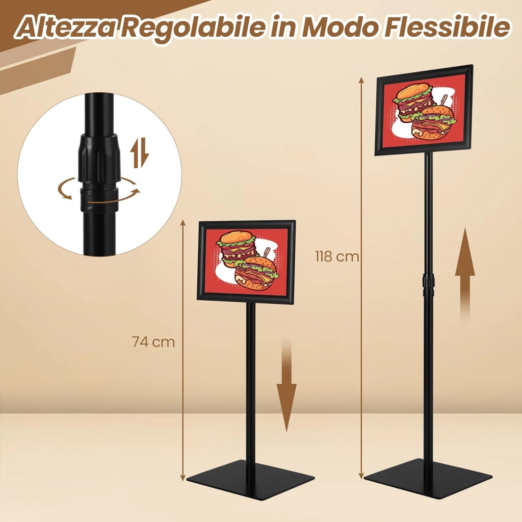 A3 Poster Stand Espositore da Pavimento Supporto Poster Menù per Pubblicità da Terra, Girevole a 360 Gradi, Regolabile in Altezza (A4 Nero x 2)