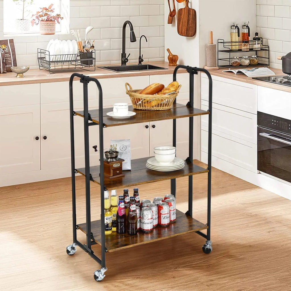 Scaffali pieghevoli con ruote, nessun montaggio Carrello a 3 livelli, 2 delle ruote hanno serrature, carrello multiuso per microonde, rack portatile con telaio in metallo, per cucina, camper