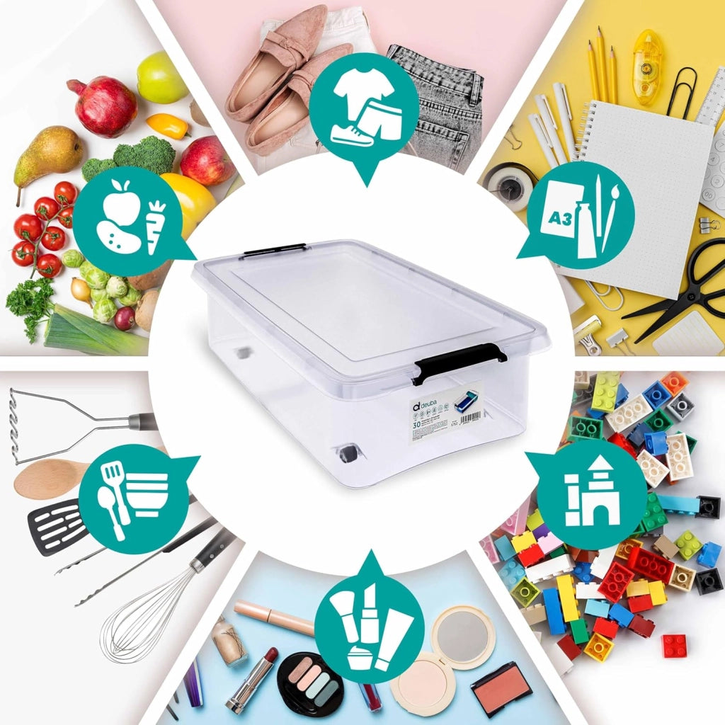 4X 30L Scatole in Plastica Trasparente Senza BPA Contenitori con Coperchio Impilabili Ruote Cassette Salvaspazio