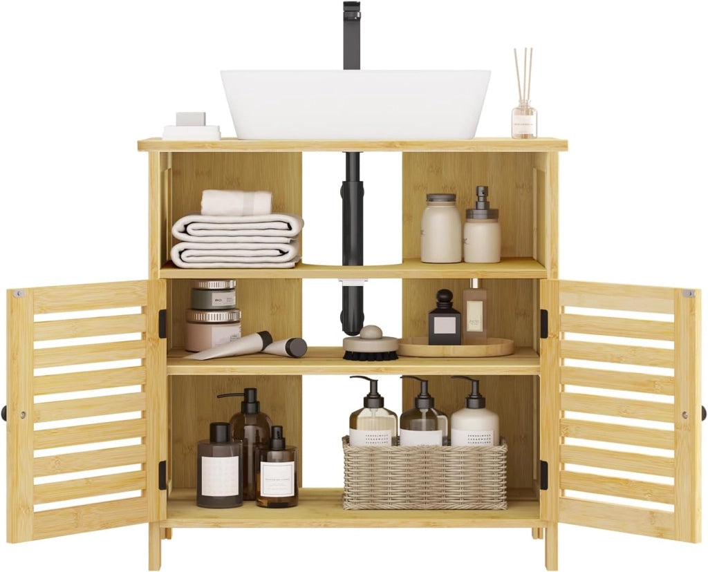Mobile da Bagno Sotto lavabo, Mobile da Bagno in Bambù con 2 Porte Griglia Magnetiche e 1 Scomparto Aperto, con Ripiano Regolabile, 60x30x60cm