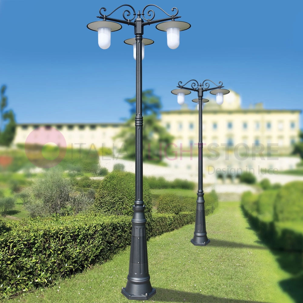 KAIROS ANTRACITE Lampione h.260 a 3 Luci da Esterno Giardino con piattini d.30