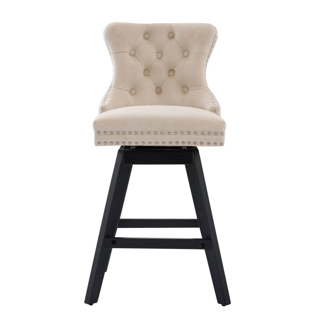 Set di 2 Sgabelli da Bar Girevoli con Schienale Imbottito e Gambe in Legno; per Isola Cucina; Velluto; Beige