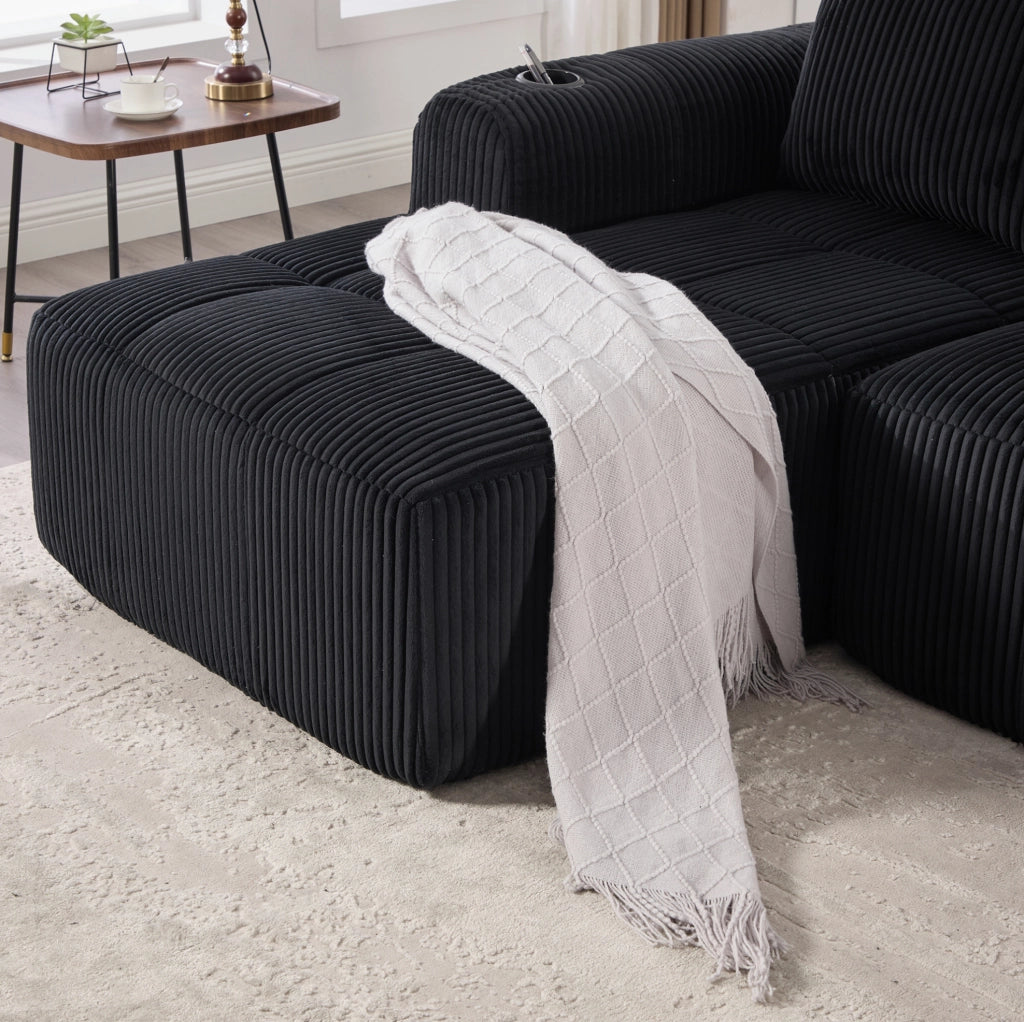 Divano 253x158x61 cm modulare DIY con tasche laterali e portabicchieri in tessuto cord nero