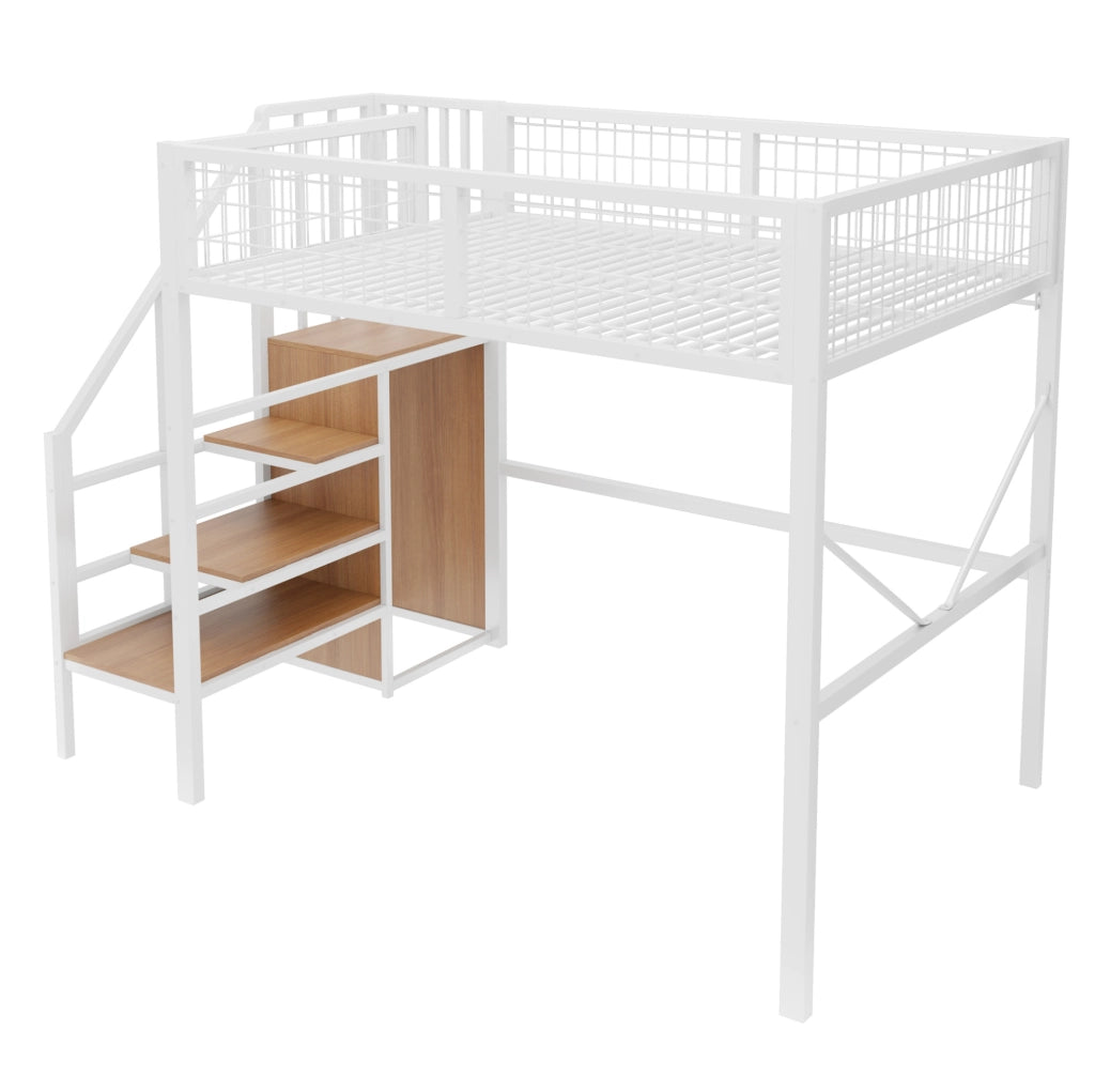 Letto a soppalco 140x200 cm con scala contenitore; LED e sponda in metallo; bianco