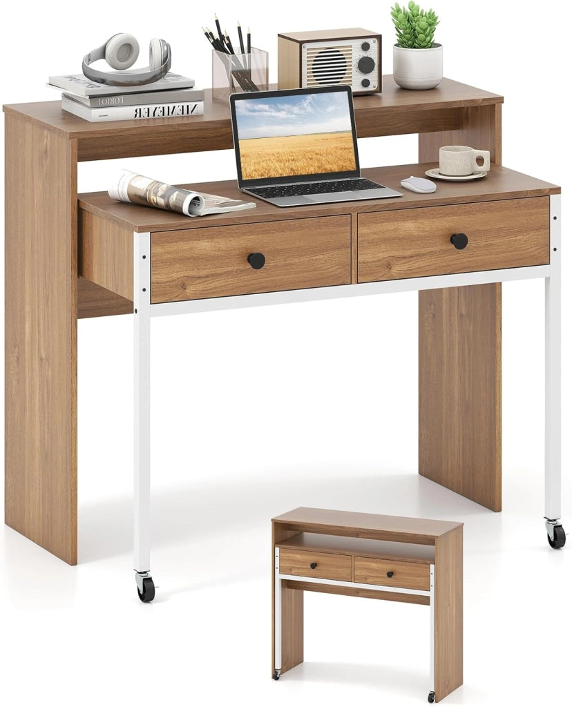 Scrivania per Computer, Tavolo Salvaspazio Retrattile con Cassetti e Ruote Universali Bloccabile, 100 x 63 x 88 cm, Desk Gaming per Ufficio, Soggiorno e Camera da Letto (Naturale)