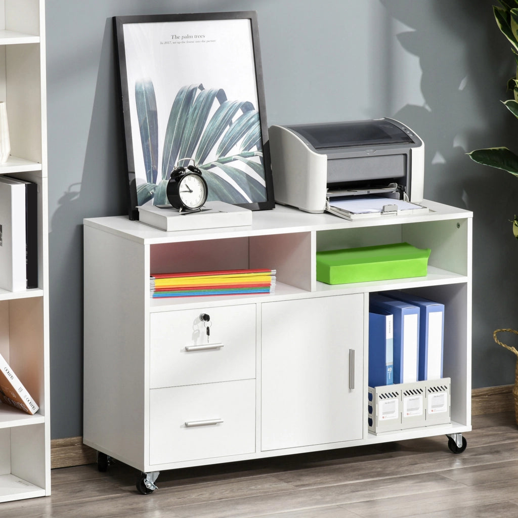 Cassettiera con rotelle e 2 cassetti chiudibili a chiave, 3 ripiani e armadietto ¨C zephmum ¨C Bianco, 100x35x65 cm