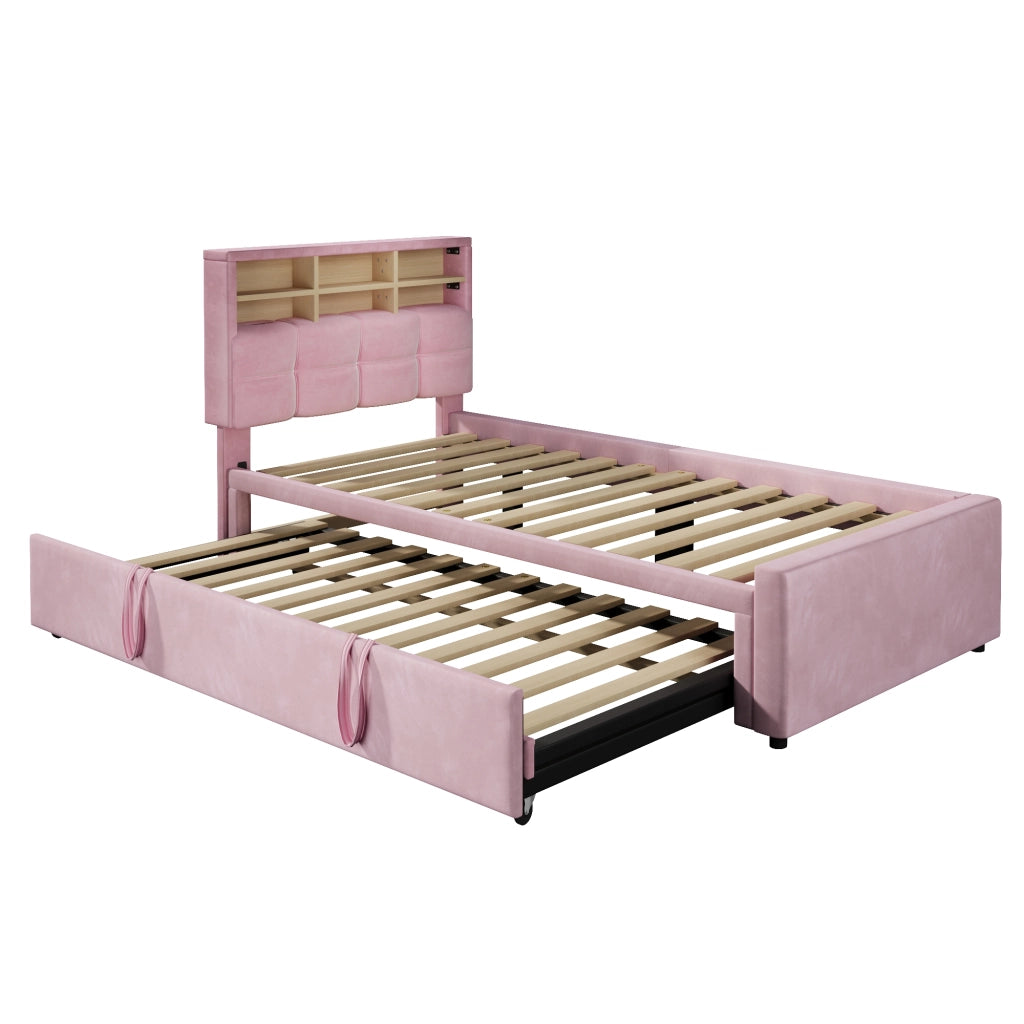 Letto singolo 90x200 cm rosa in velluto con letto estraibile per ospiti e prese USB