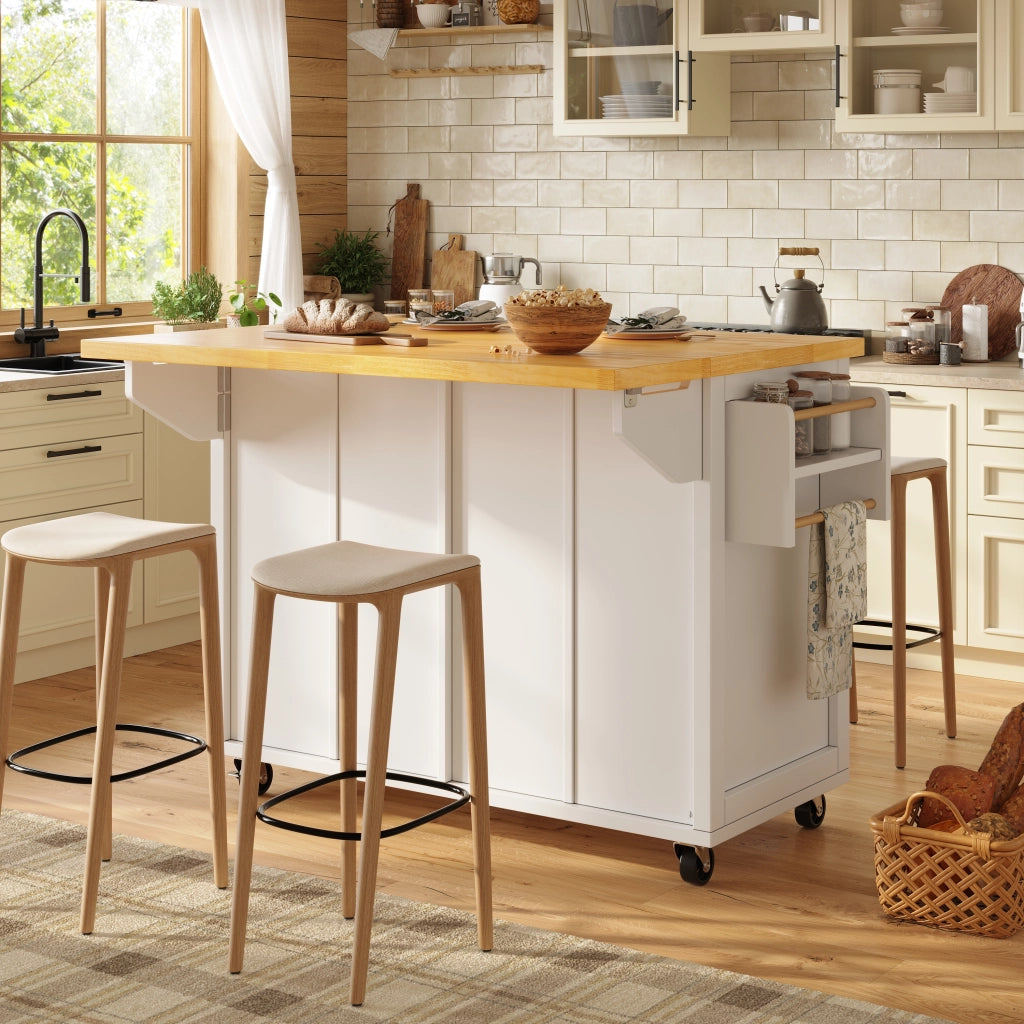 Isola da cucina multifunzionale - Zephmum- Bianco, con freni e scomparti regolabili