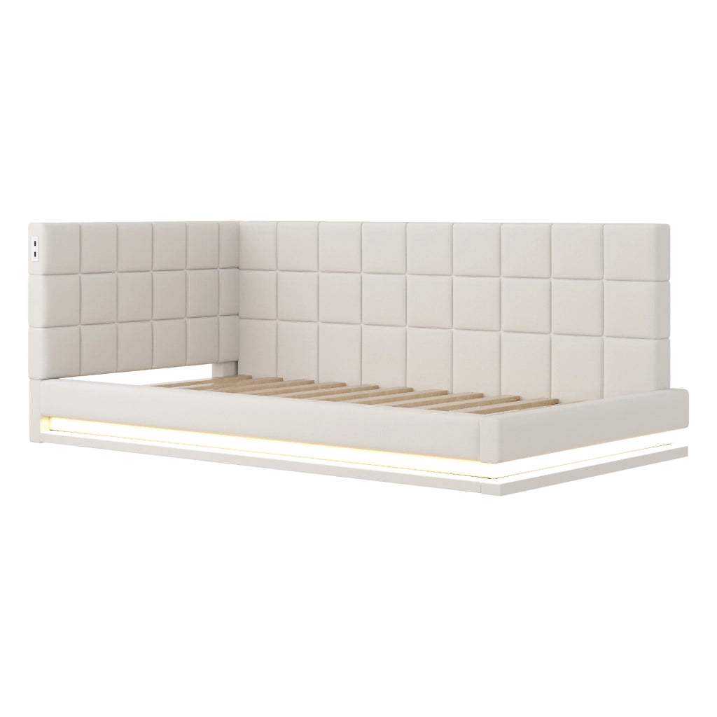 Letto imbottito singolo 90×200 cm con LED e USB; rete a doghe; senza materasso; lino; beige