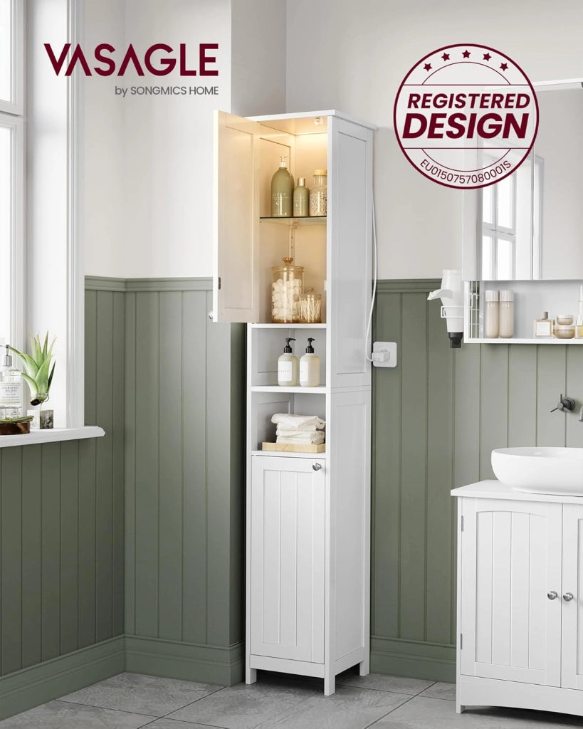 VASAGLE Mobile da Bagno con Luce, Armadietto Mobiletto da Bagno a Colonna con Ripiani Regolabili, Scomparti Aperti, per Piccoli Spazi, Moderno, Bianco Nuvola BBC566W03