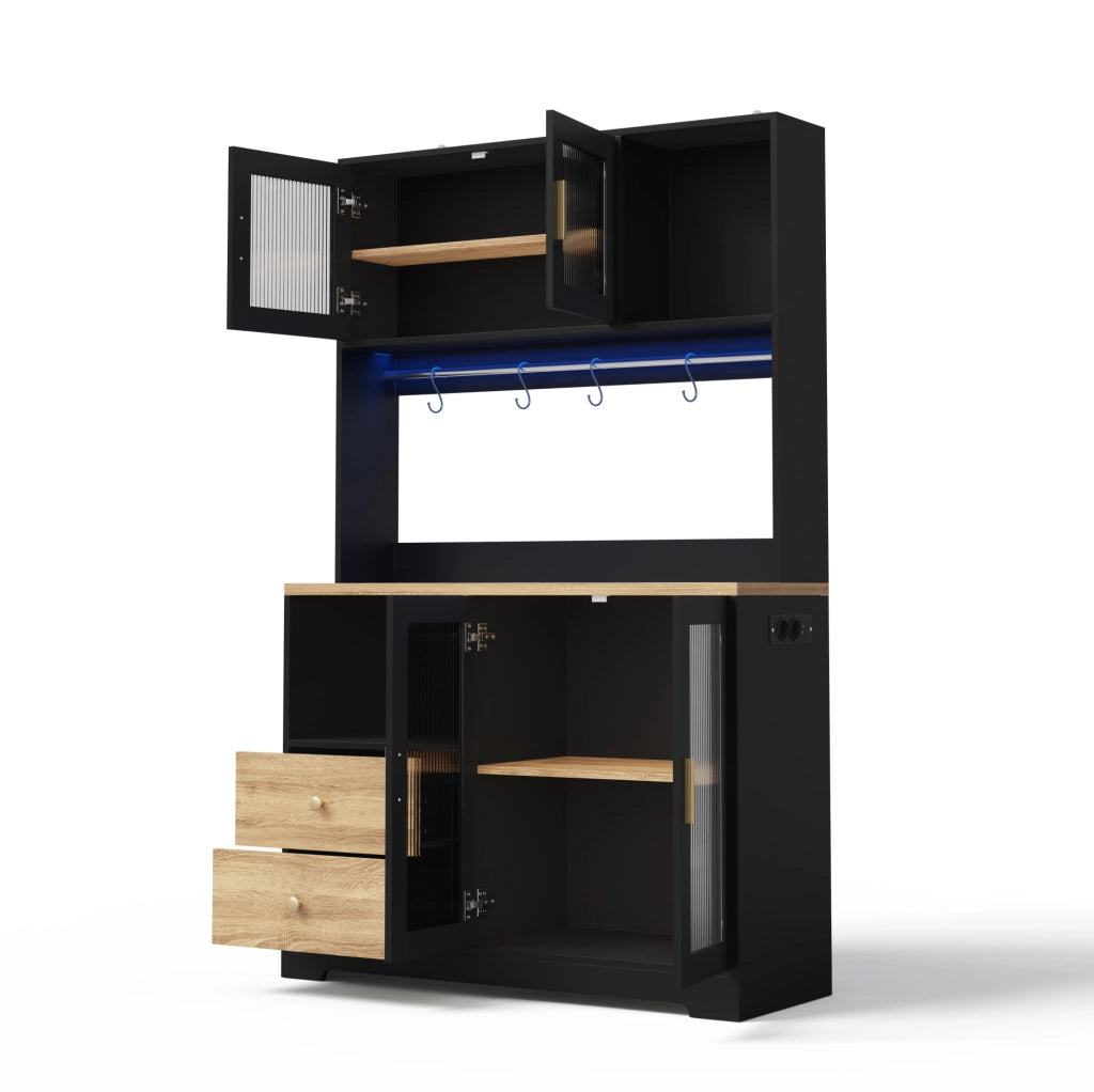 Credenza alta da cucina LED con prese USB; 110x40x178 cm; MDF; nera