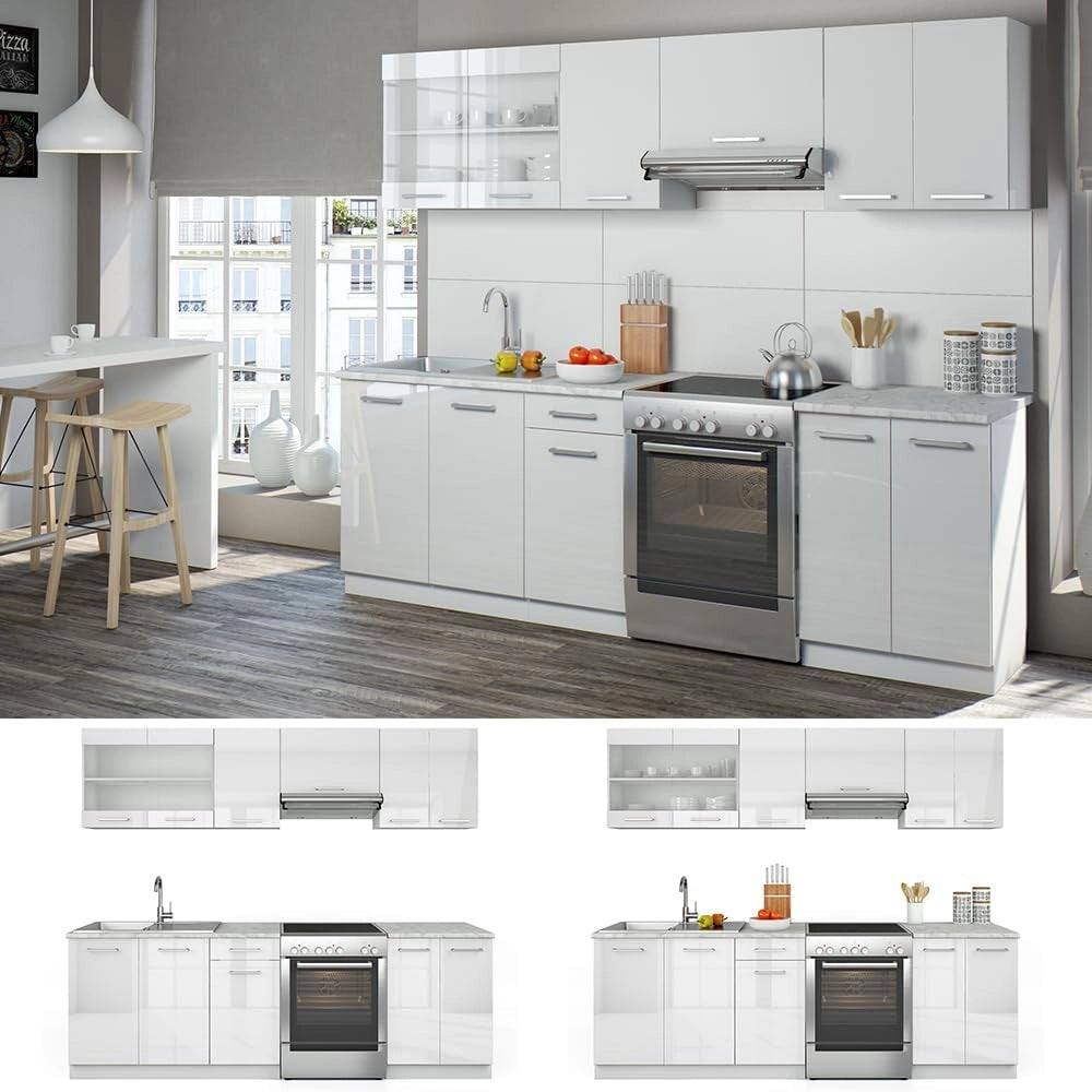 Cucina componibile Raul, Bianco lucido/bianco, 240 cm, PL Marmo, combinabile in modo flessibile con elementi modulari