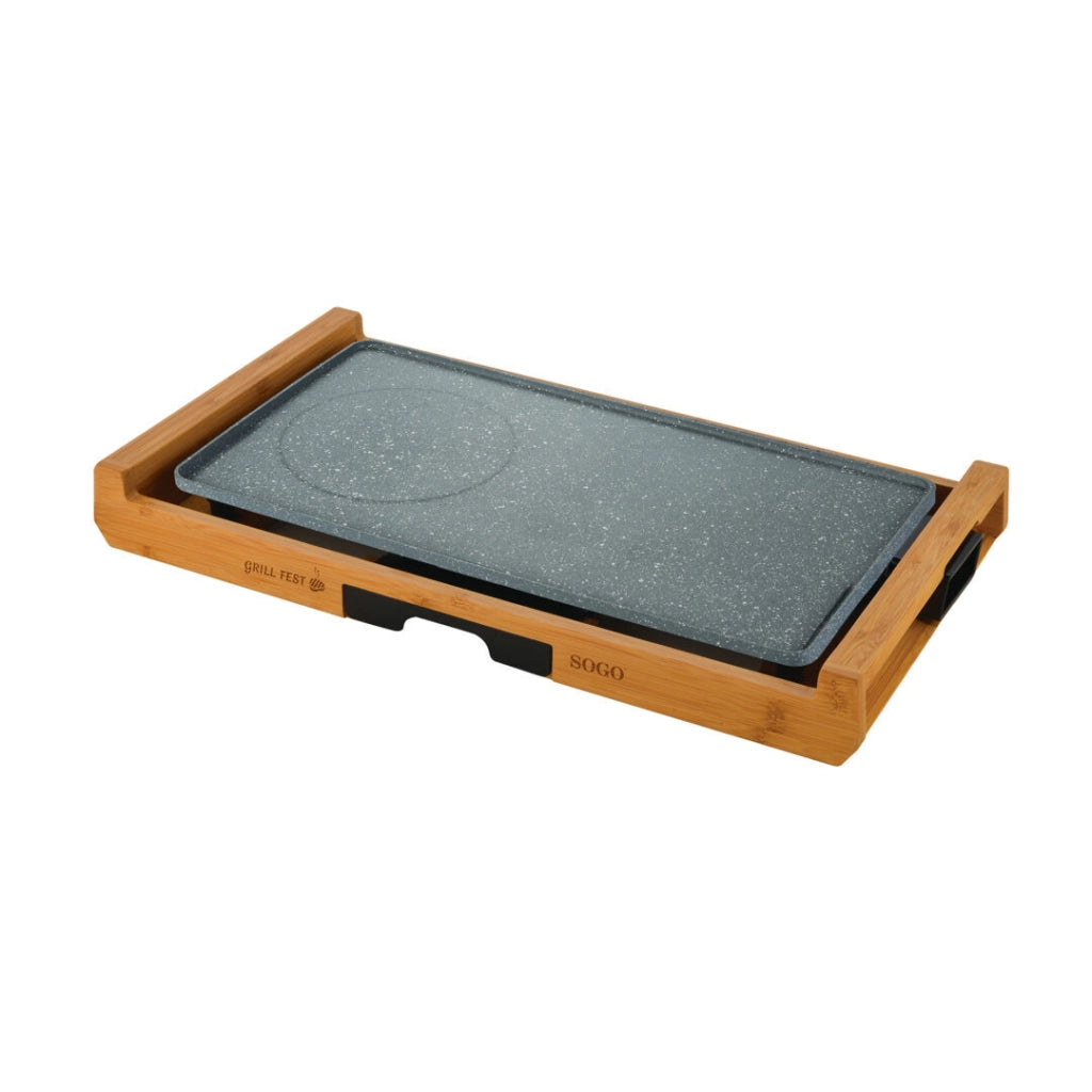 Piastra elettrica grill 43x23 cm con rivestimento antiaderente effetto pietra e base in bambù 2200W - Sogo