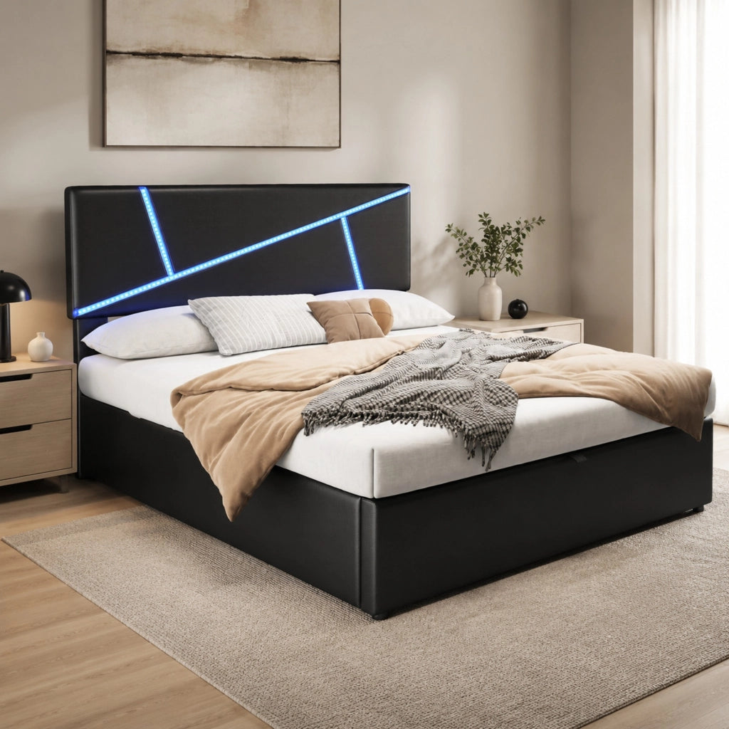 Letto imbottito matrimoniale con LED, contenitore idraulico e rete a doghe, PU nero