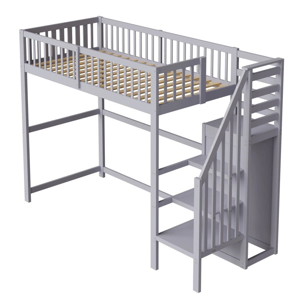 Letto a soppalco per bambini 90x200 cm con scala e armadio in grigio