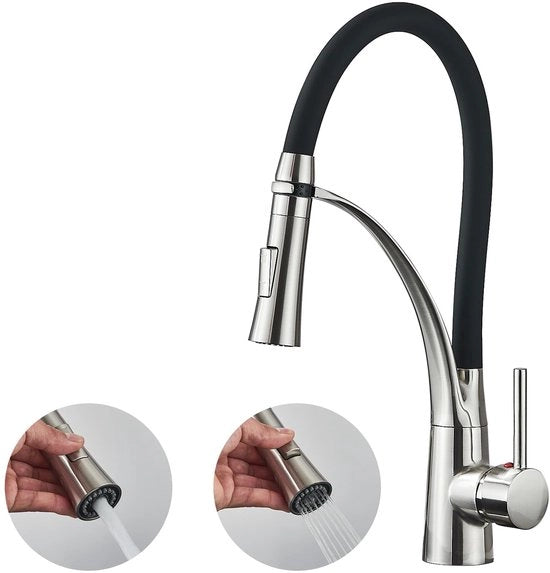 Cranio da cucina con 2 funzioni doccia, girevole 360°, 1 manopola da cucina con collo flessibile e doccia, finitura borchiata