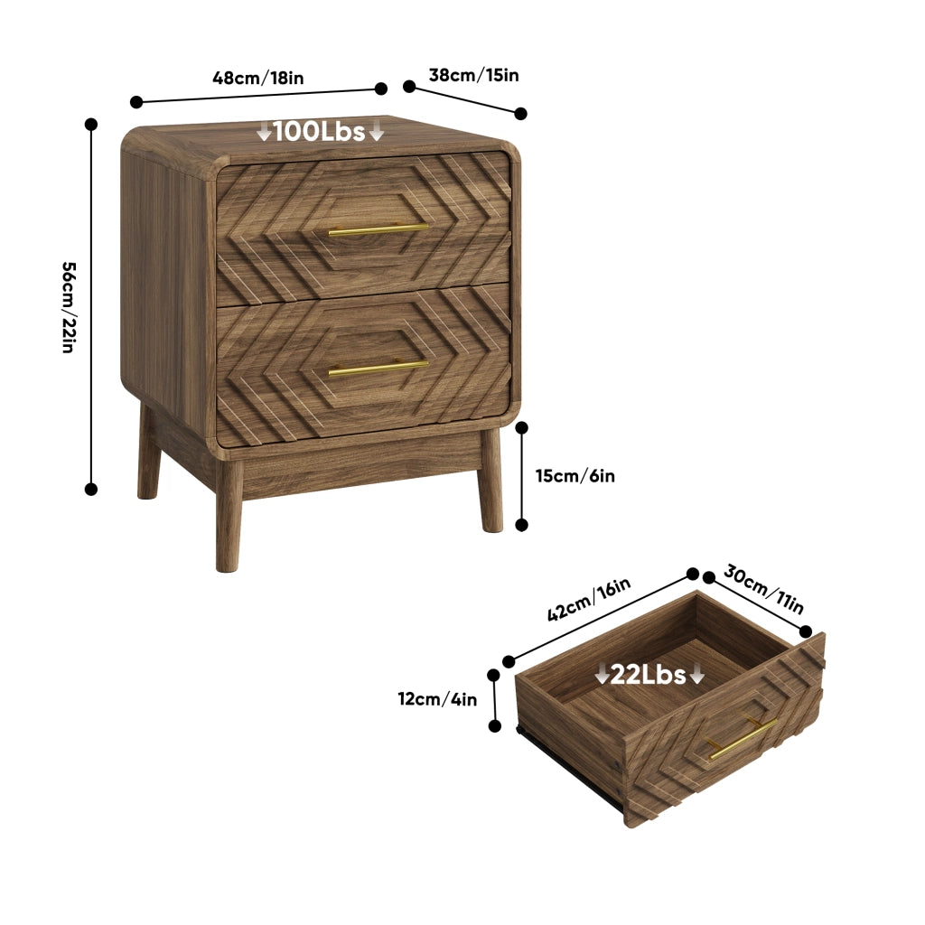 Comodino con 2 cassetti e frontali geometrici, stile moderno, per camera da letto, in MDF, marrone noce