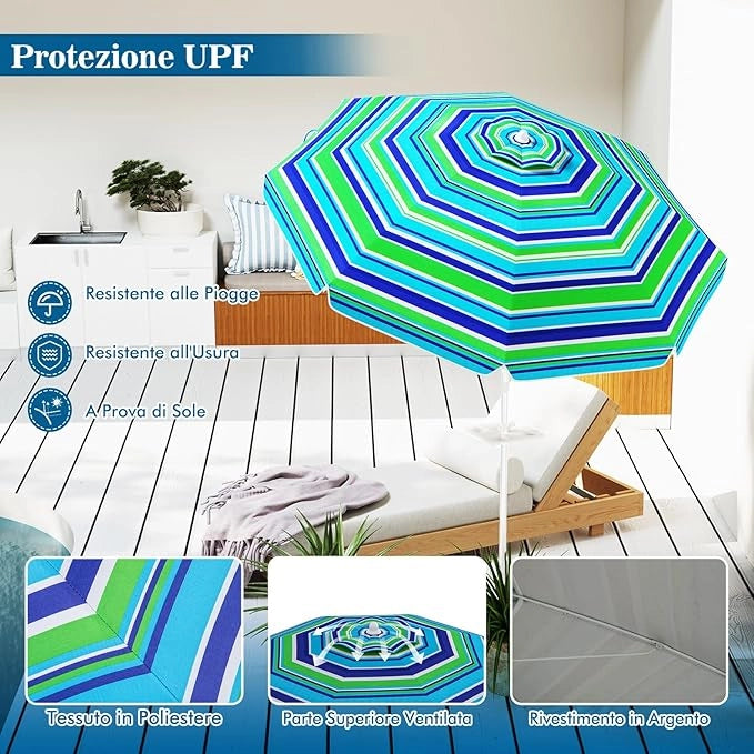 Ombrellone da Spiaggia 200 x 220 cm, Ombrellone da Mare con Inclinazione Regolabile, con Vassoio, 8 Stecche, Protezione UV, Impermeabile, Borsa di Trasporto (Verde)