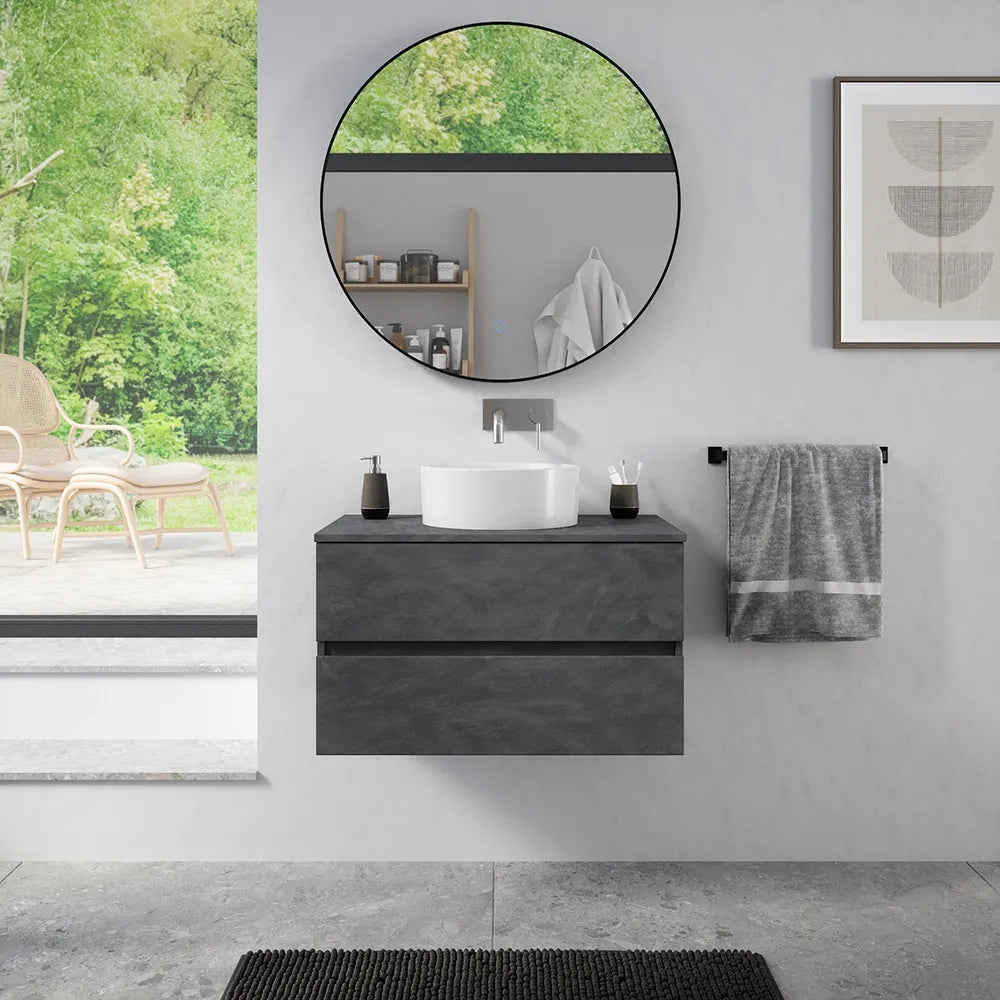 Mobile da bagno sospeso 100 cm effetto cemento scuro con top | Yili
