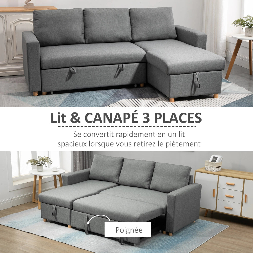 Divano Angolare Letto 3 Posti con Meridienne Reversibile e Contenitore ¨C Zephmum ¨C Tessuto Grigio